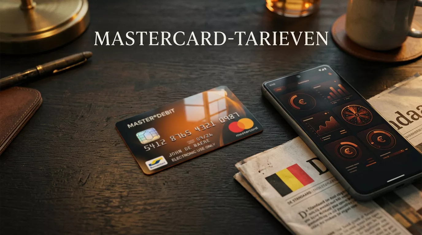 Belgische Mastercard Debit en Bancontact-Mastercard kaarten op een tafel met smartphone, illustratie van mastercard wedden in België