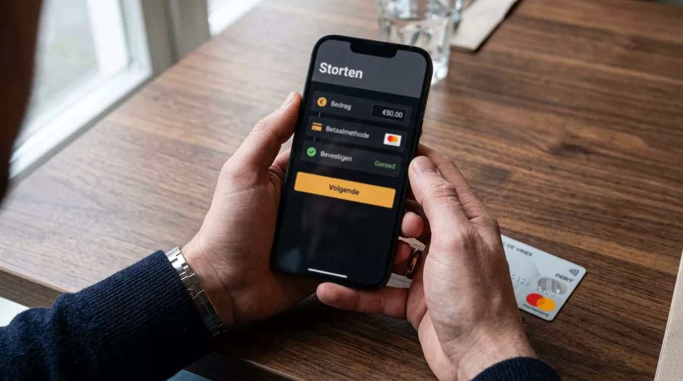 Speler doorloopt de storten-stappen met Mastercard in een bookmaker-app op smartphone